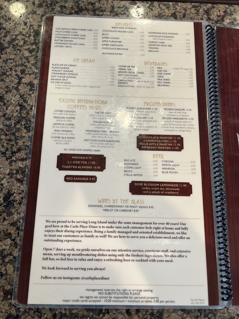 Menu page showing wraps, desserts, and open sandwiches.