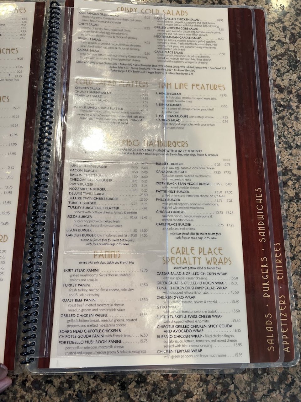 Menu layout with breakfast plates and sweet desserts.